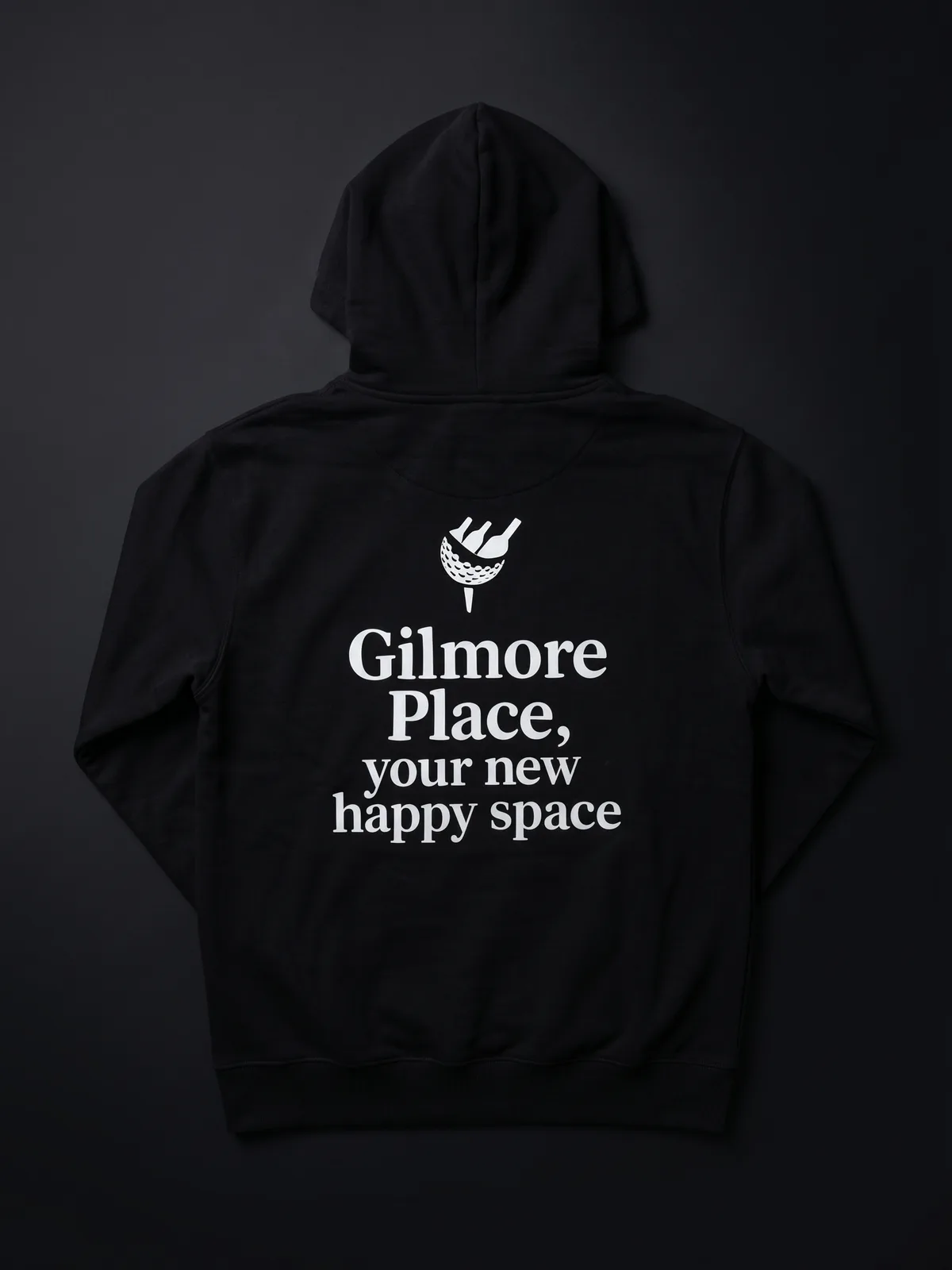 Custom heavyweight hoodie with 'Gilmore Place, your new happy space' back print, produced for Happy Gilmore Golf Simulator in Vancouver by Stitch Lab Customs